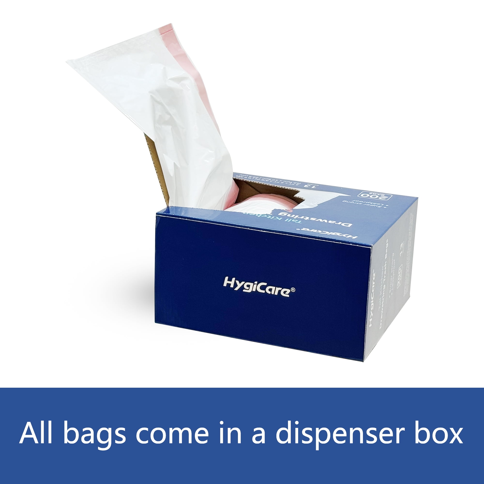 HygiCare 13 Gallon Drawstring Trash Bag, Tall Kitchen, 200 Count, Unscented, Super Strong, Leakproof