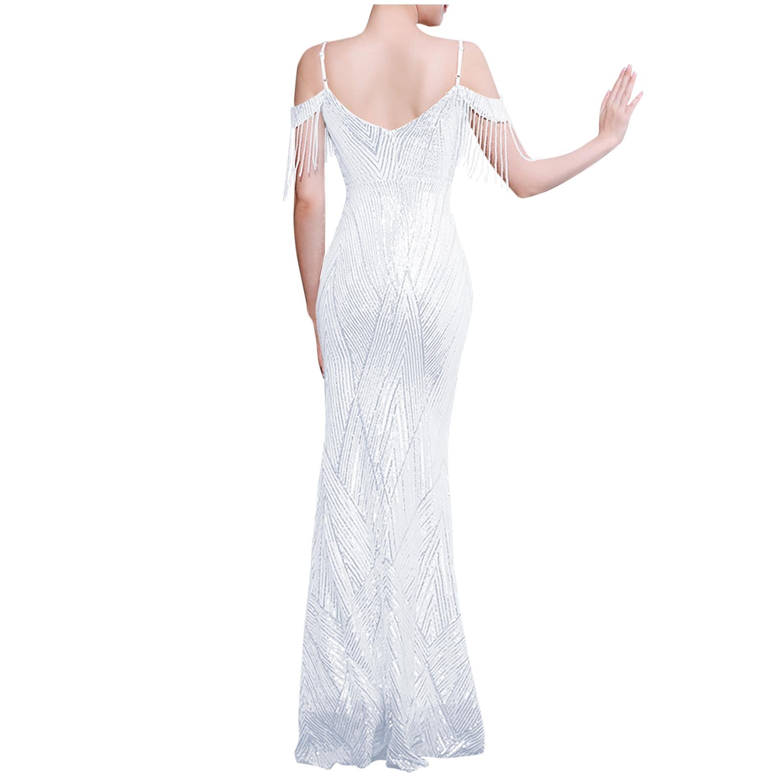 Maxi Dresses for Women Women's V Neck Sequin Formal Evening Dress Tassel Cold Sleeve Long Gown Retro Party Maxi Mermaid Dress S-6 White XL