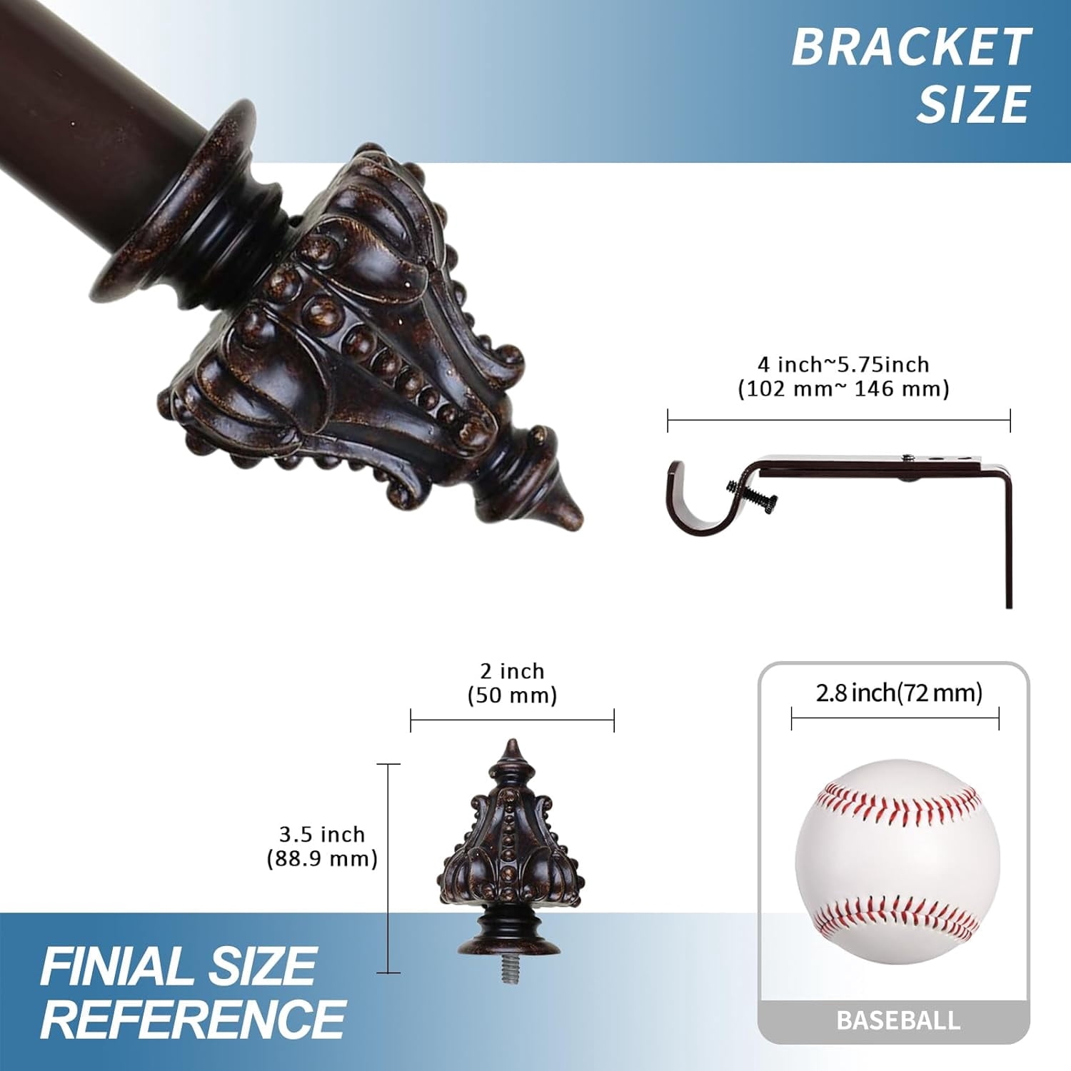 Urbanest Adjustable Single Curtain Rod Set Mahogany Regale Finials – 1 - Inch Diameter, With Bronze Rod, 48–84 Inches
