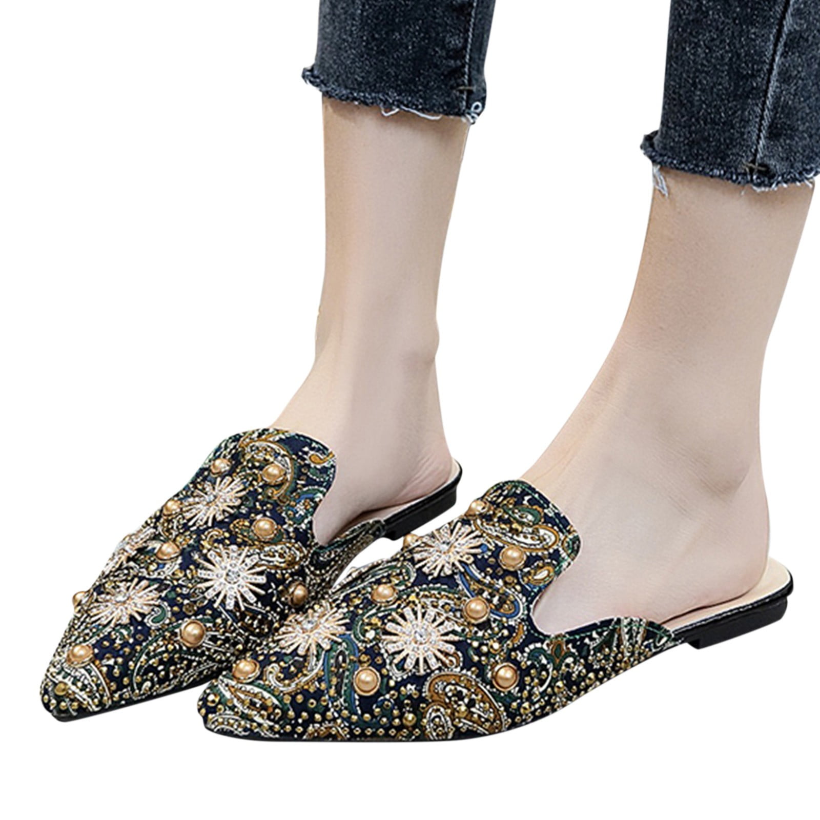 Mules Shoes for Women Slip On Comfortable Shoes Fashion Rhinestone Mules Flats Backless Loafers