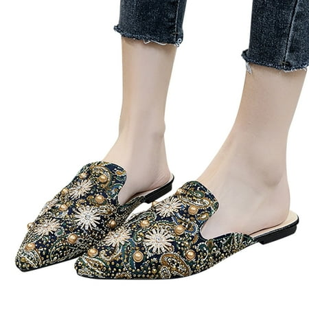 Oyedens Mules for Women Vintage Rhinestones Slip on Flats Backless Loafers Outdoor Dress Slides Shoes