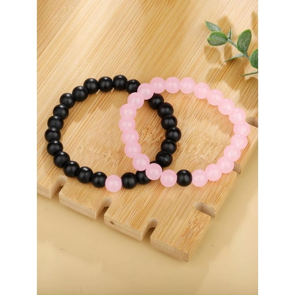 QQTDFG 2pcs Couple Two Tone Black Pink Beaded Bracelet Stackable Stretch Bracelets-default