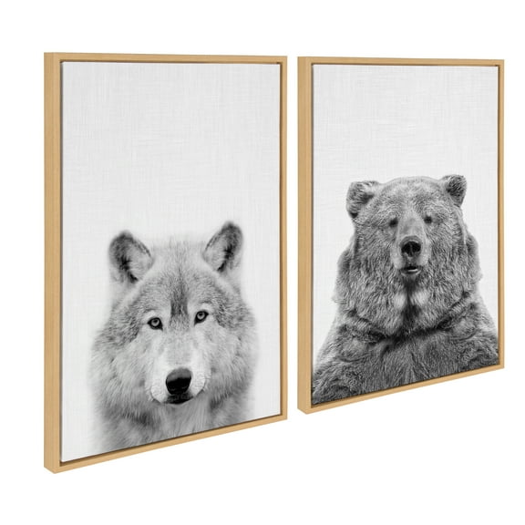 Kate and Laurel Sylvie Wolf and Bear European Framed Canvas Wall Art Set by Simon Te of Tai Prints, 2 Piece 23x33 Natural, Modern Nature Animals Art for Wall Home Decor