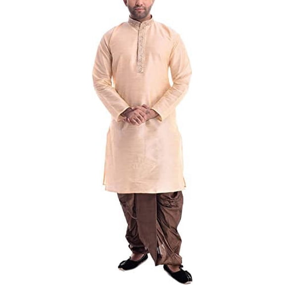 Royal Kurta Mens Silk Blend Front Embroidery Dhoti Kurta Golden