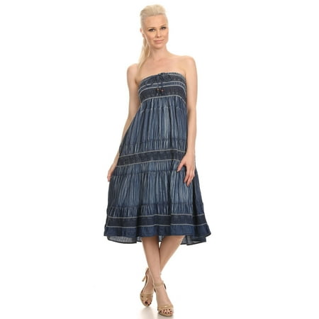 Fit and Flare Tiered Layers Denim Skirt or Midi Dress Smocked Strapless Top