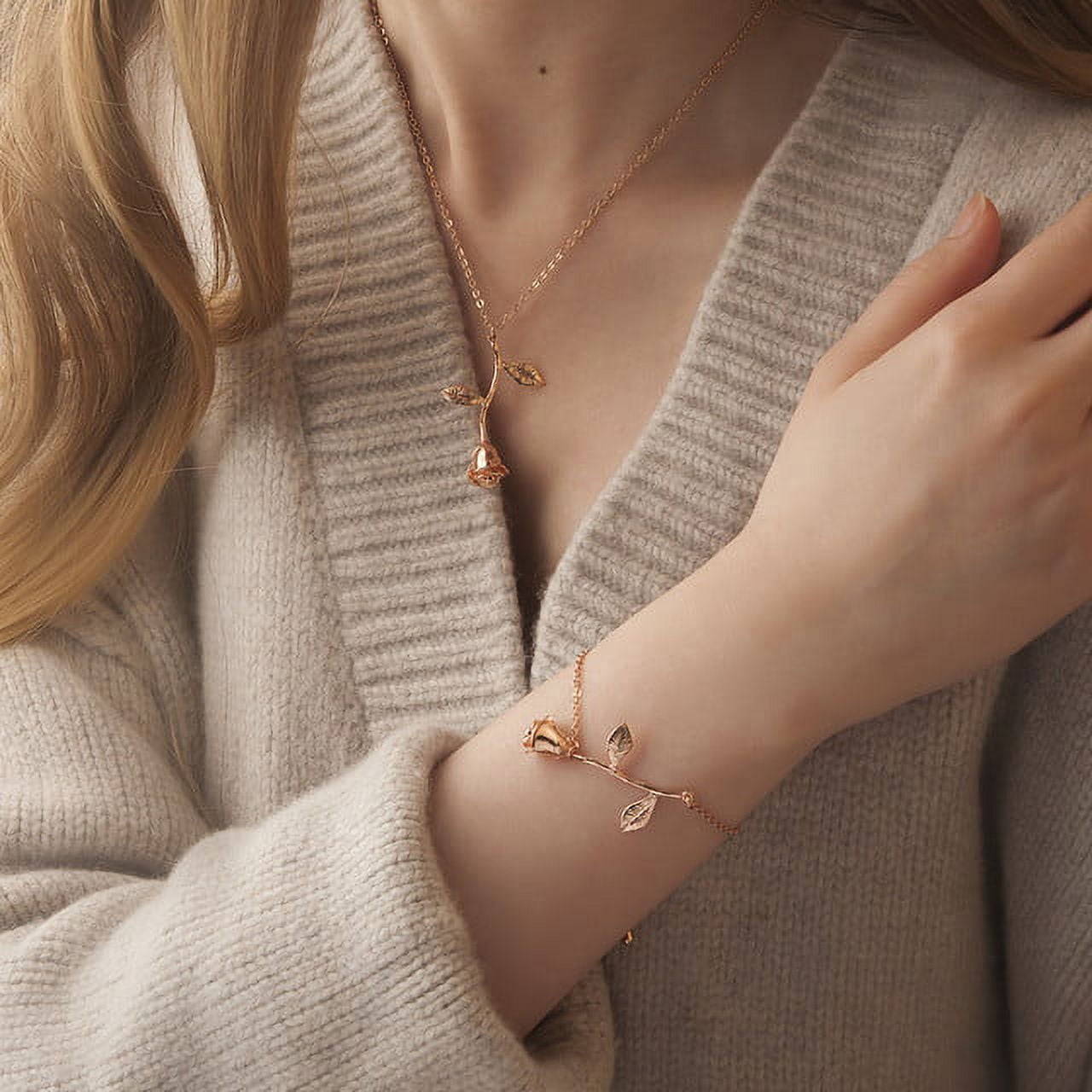 Rose Gold Brass Rose Flower Necklace Pendant Jewelry Valentine's Day Gift Set for Her