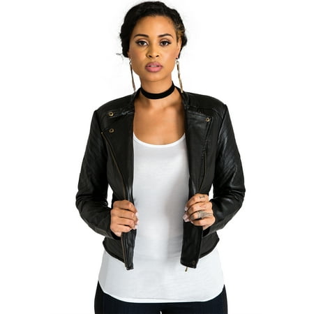 - Miss Halladay Women's Vegan Leather Quilted Moto Jackets Slant Zipper Front Mandarin Collar