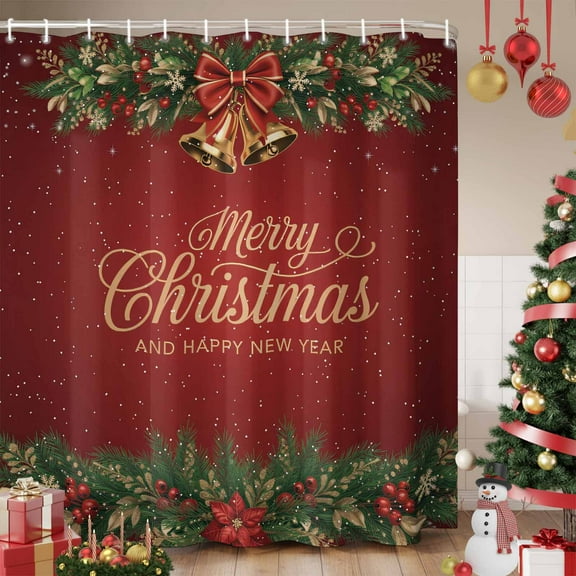 Merry Christmas Shower Curtain, Red Winter Pine Branches Berry Poinsettia Waterproof Fabric Shower Curtains with 12 Hooks, Bathroom Curtain Set for Bathroom Accessories Decor, 36 x 78 Inches