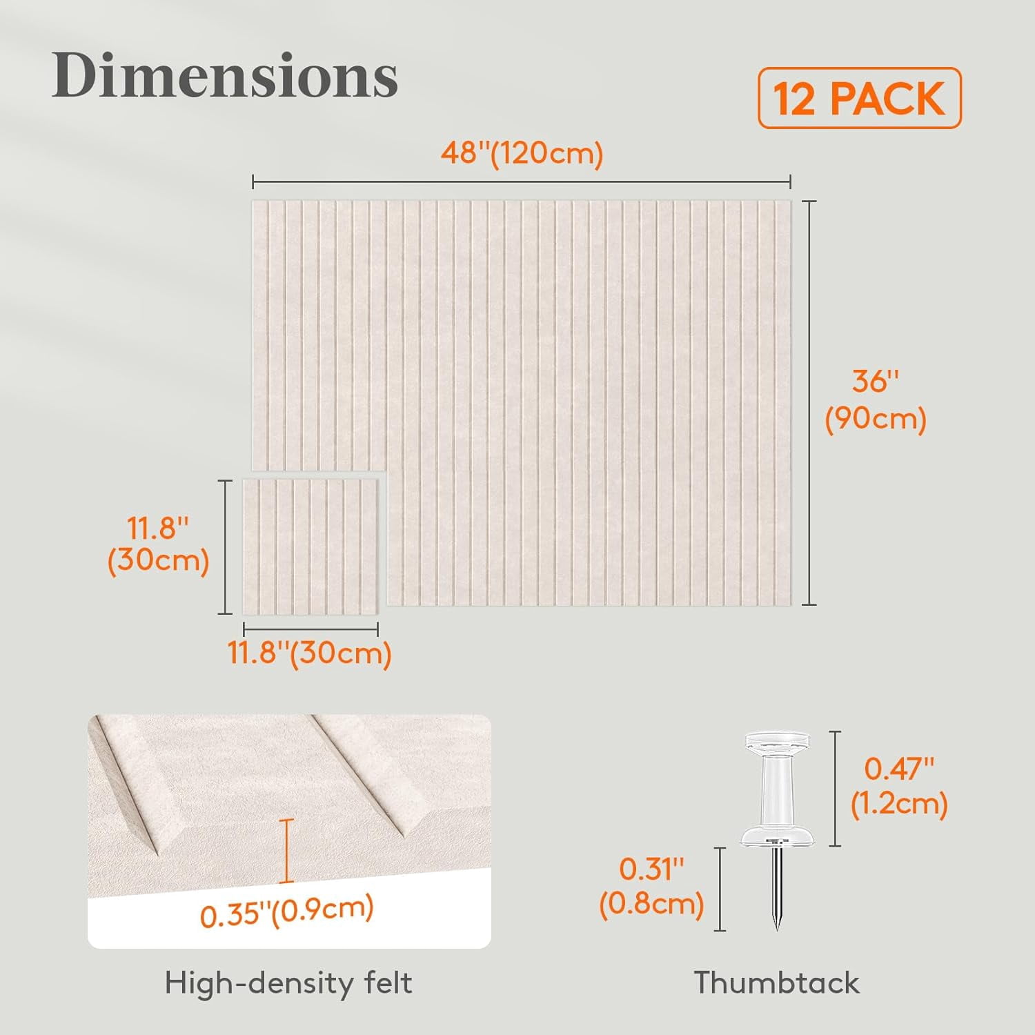 Felt Slatted Bulletin Board with Self-Adhesive, 48"x 36"-12 Pack Cork Board Alternative, Pin Board Vision Board Message Board with 50 Pushpins for Office Decor, Room Decor, Oatmeal