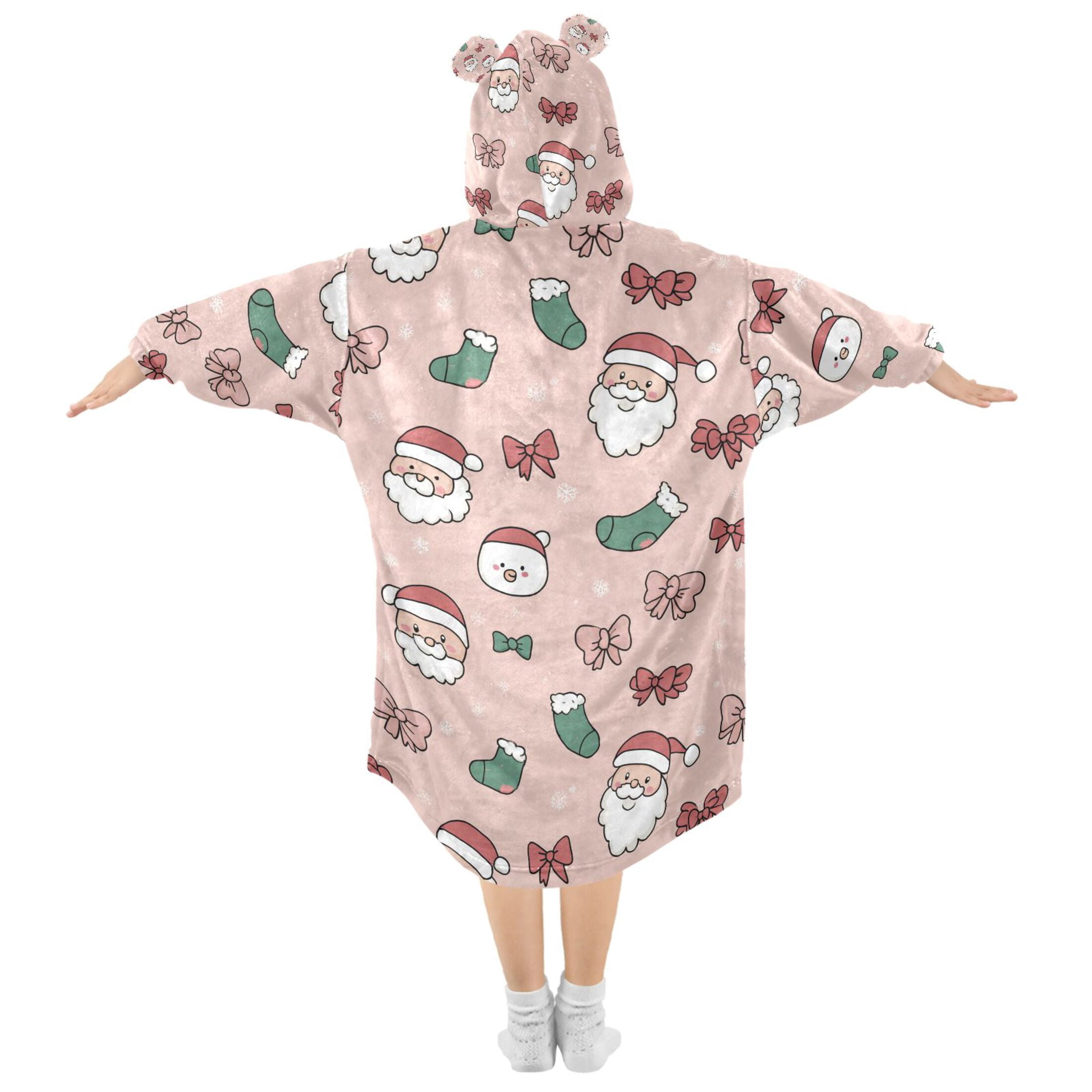 Wearable Blanket Hoodie for Cute Santa Claus and Bow Christmas Socks Flannel Hooded Blanket with Pockets and Sleeves Suitable