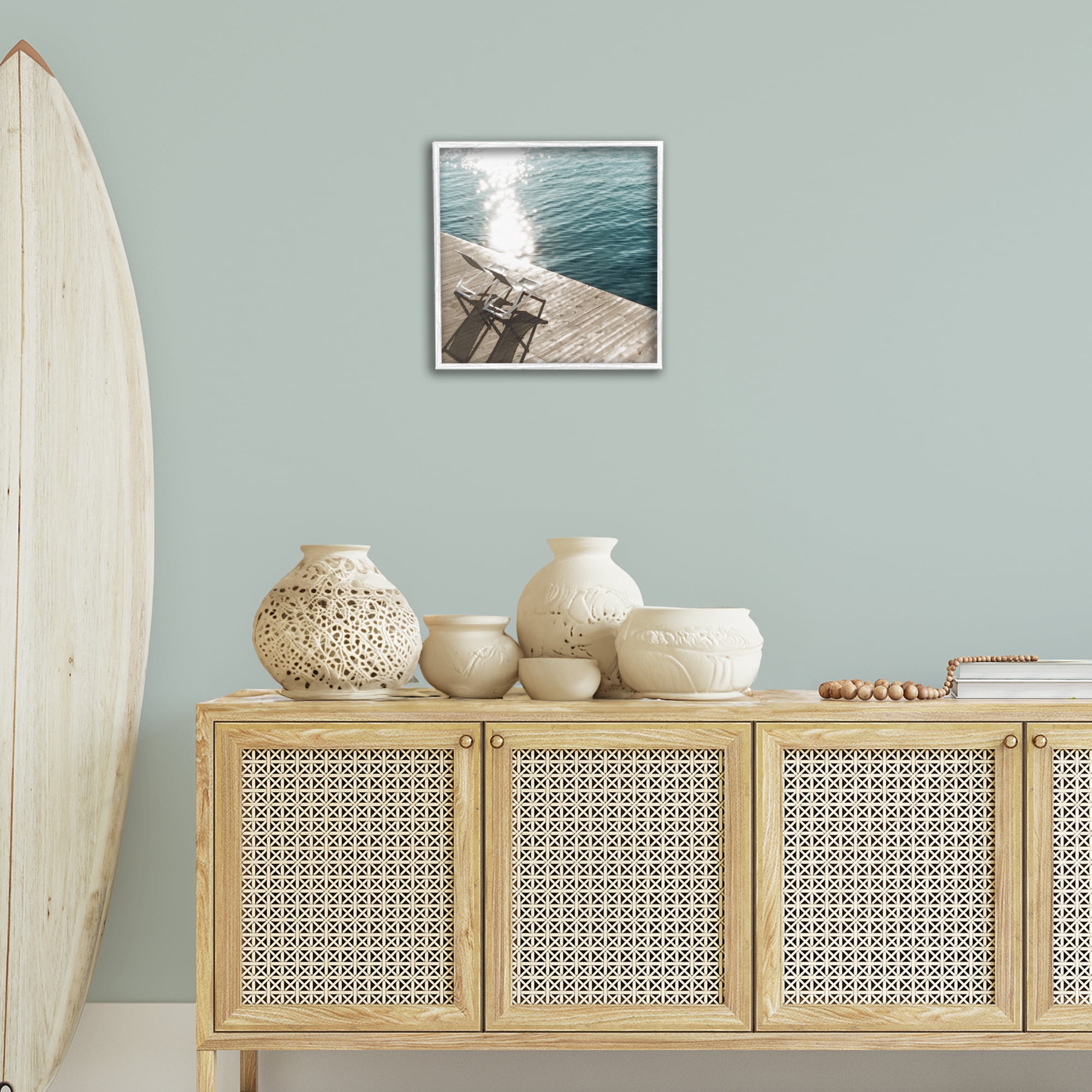 Stupell Industries Deck Chair Shadows Landscape Painting White Framed Art Print Wall Art, 17 x 17
