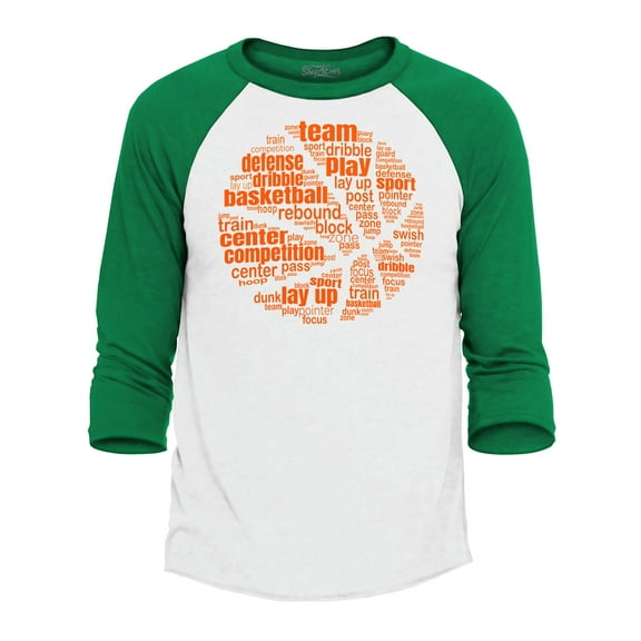 Shop4Ever Men's Basketball Word Cloud Orange Ball Silhouette Raglan Baseball Shirt Large White/Blue