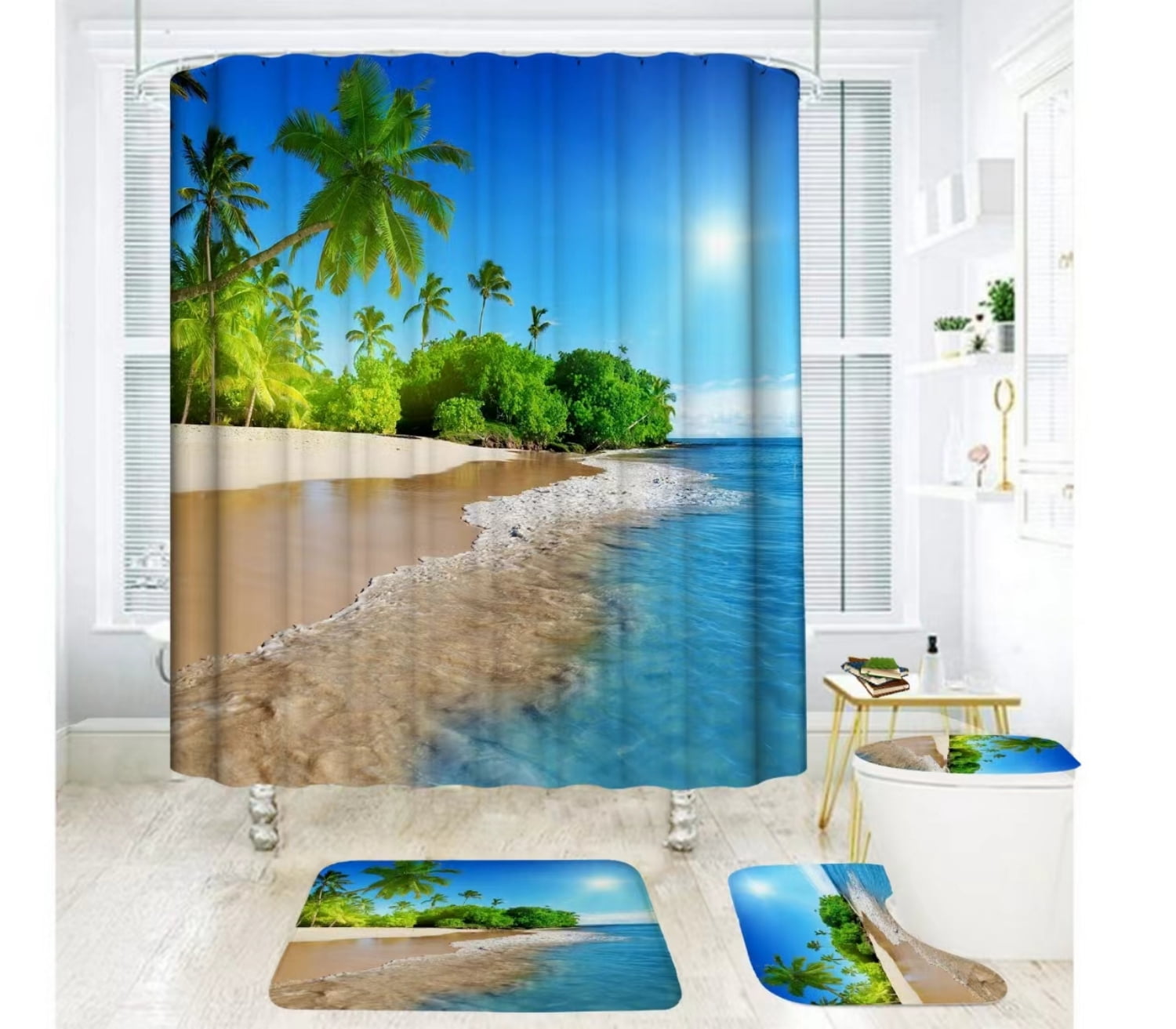 Tropical Beach Shower Curtain and Bath Rug Set 4 Pcs Fabric Palm Leaves Bathroom Curtain Set Decor 72x72 inches