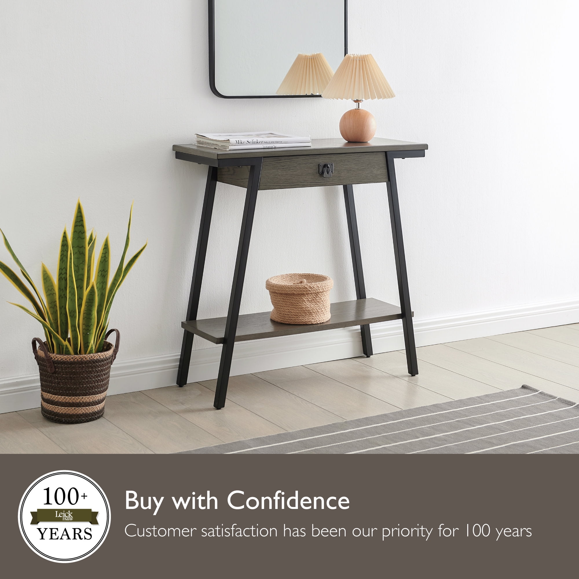 Leick Home Empiria Wood and Metal Console Table with Drawer, Gray/Matte Black