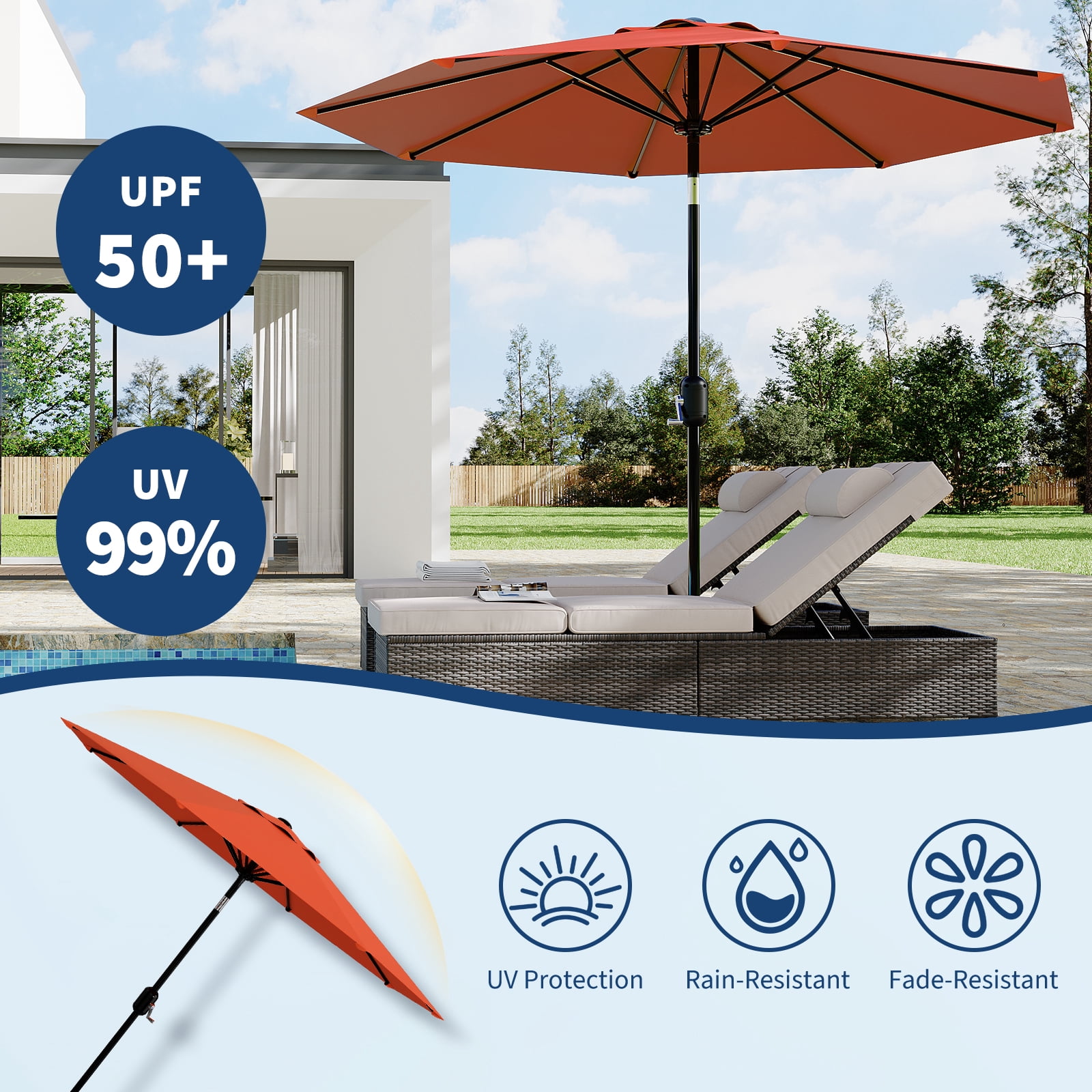 10FT Patio Umbrella Outdoor Market Sun Parasol – 8 Sturdy Ribs, 360° Adjustable Tilt & Crank, UV Protection, Waterproof, Table Shade for Deck, Pool, Garden, Camping