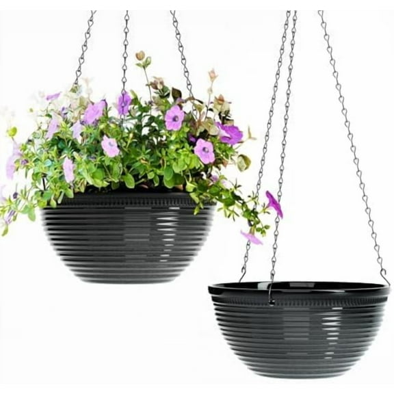 2 Pack Hanging Planters for Indoor Outdoor Plants, 10 Inch Hanging Planter with Drainage Hole & Plug Glazed Hanging Baskets Flower Pots for Garden Home (Black)
