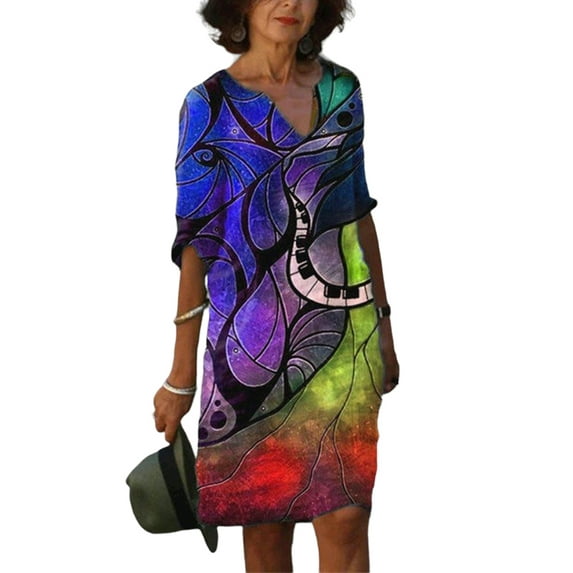 FASHIONWT Women Plus Size Street Heart-shaped Collar Style Small Steel Print U-Neck 3/4 Sleeve Tropical Midi Loose Dress