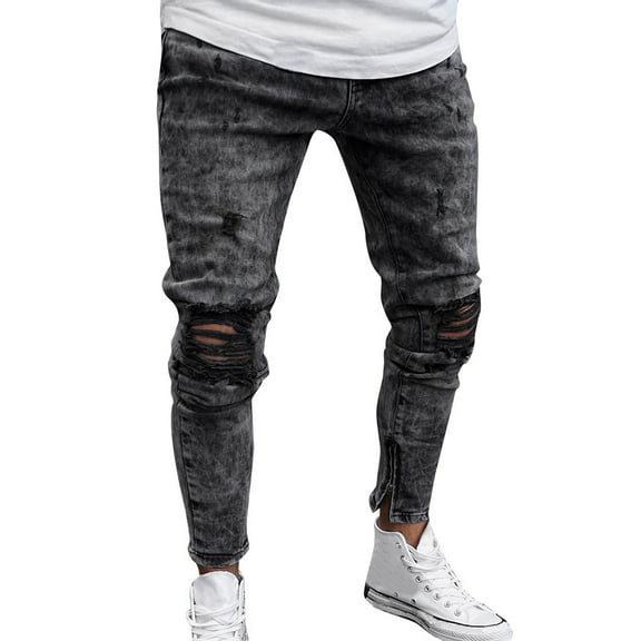 Stamzod Stylish Jeans for Men Men's Pants Solid Wear-Resistanting Streetwear Slim Fitted Skinny Destroyed Denim Pants