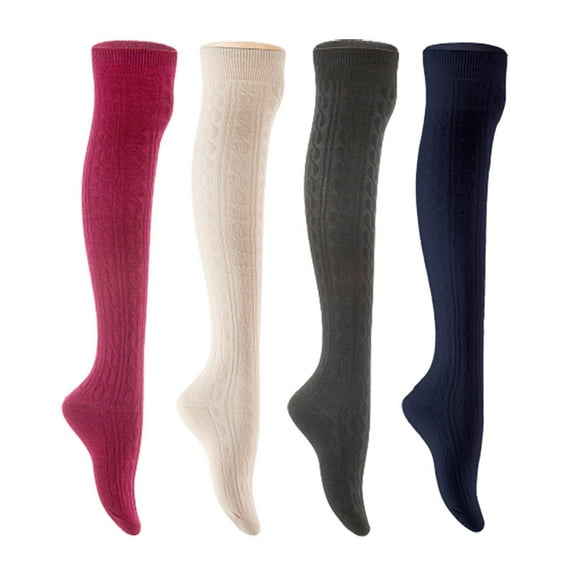 Lian LifeStyle Women's 4 Pair Adorable Comfortable Soft Thigh High Over Knee High Cotton Socks Size 6-9 L1024 Wine,Cream,Black,Navy