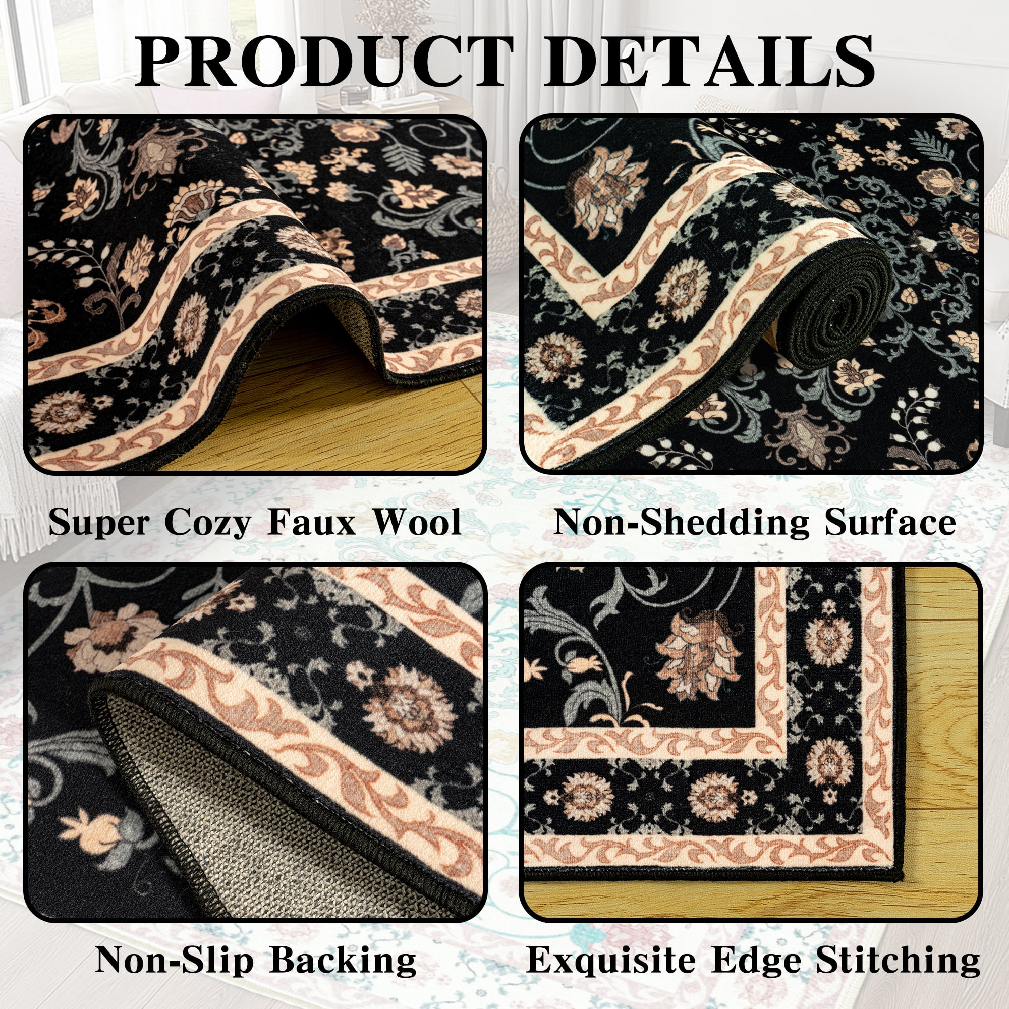 ZENELESS Washable Large Area Rugs for Living Room, 8x10 Non-slip Carpet for Dining Room,Modern Accent Rug for Bedroom, Black