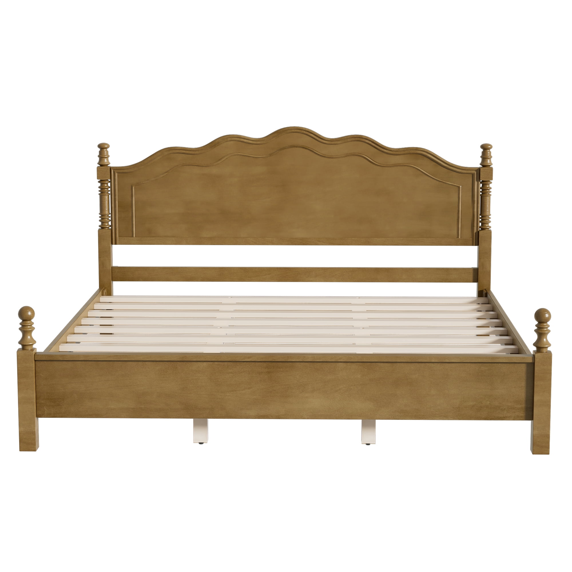 Euroco Wood King Size Platform Bed, Classic American Vintage Style Wood Bed with Curved Headboard, No Box Spring Needed, Dark Oak