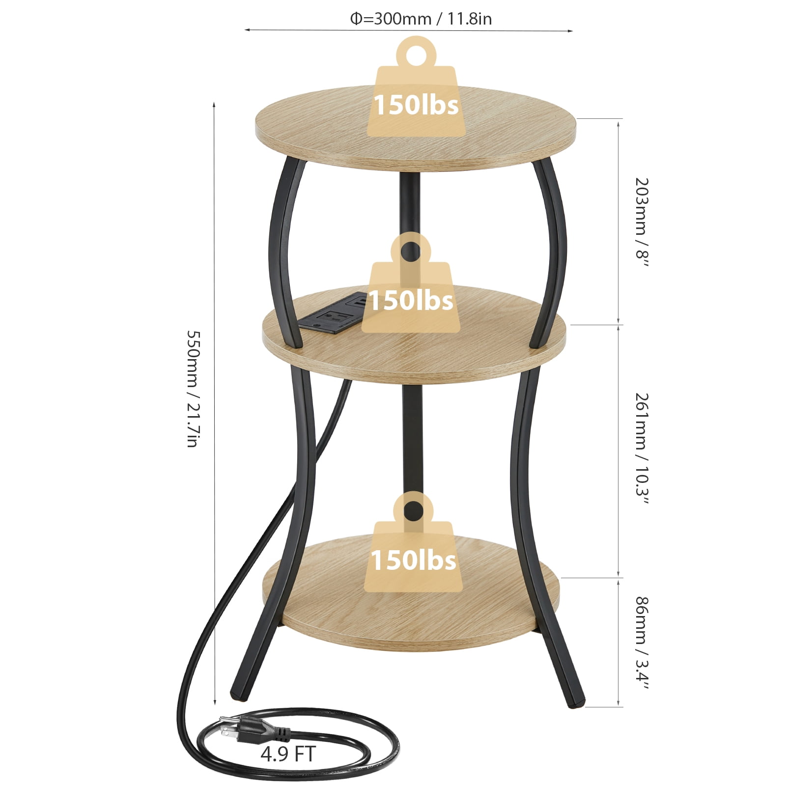 Small Round Side Table with Charging Station, 3-Tier Waist Circular End Table with Storage Shelf, Compact Tea Sofa Side Table Small Spaces, Round Corner Coffee Table for Living Room Bedroon,oak