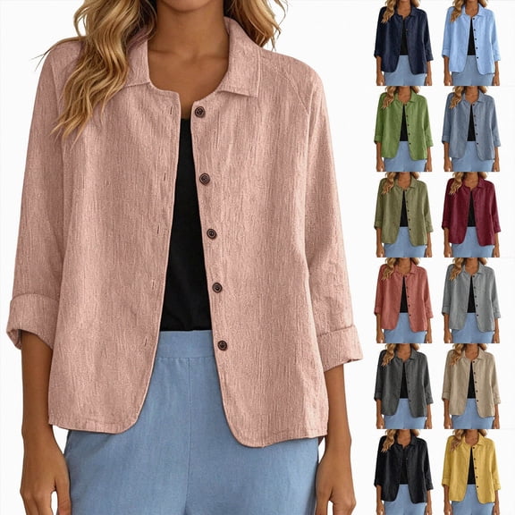 COMVALUE Womens Cotton Linen Shirts Jacket Long Sleeve Button Down Blazer Lightweight Casual Lapel Cardigans Summer Blouses Navy for Size S