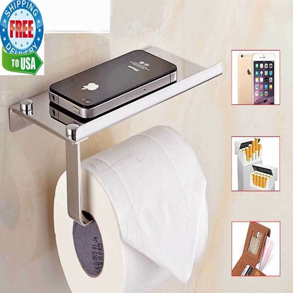 Toilet Paper Holder with Mobile Phone Storage Shelf Holders Wall Mounted Rack 