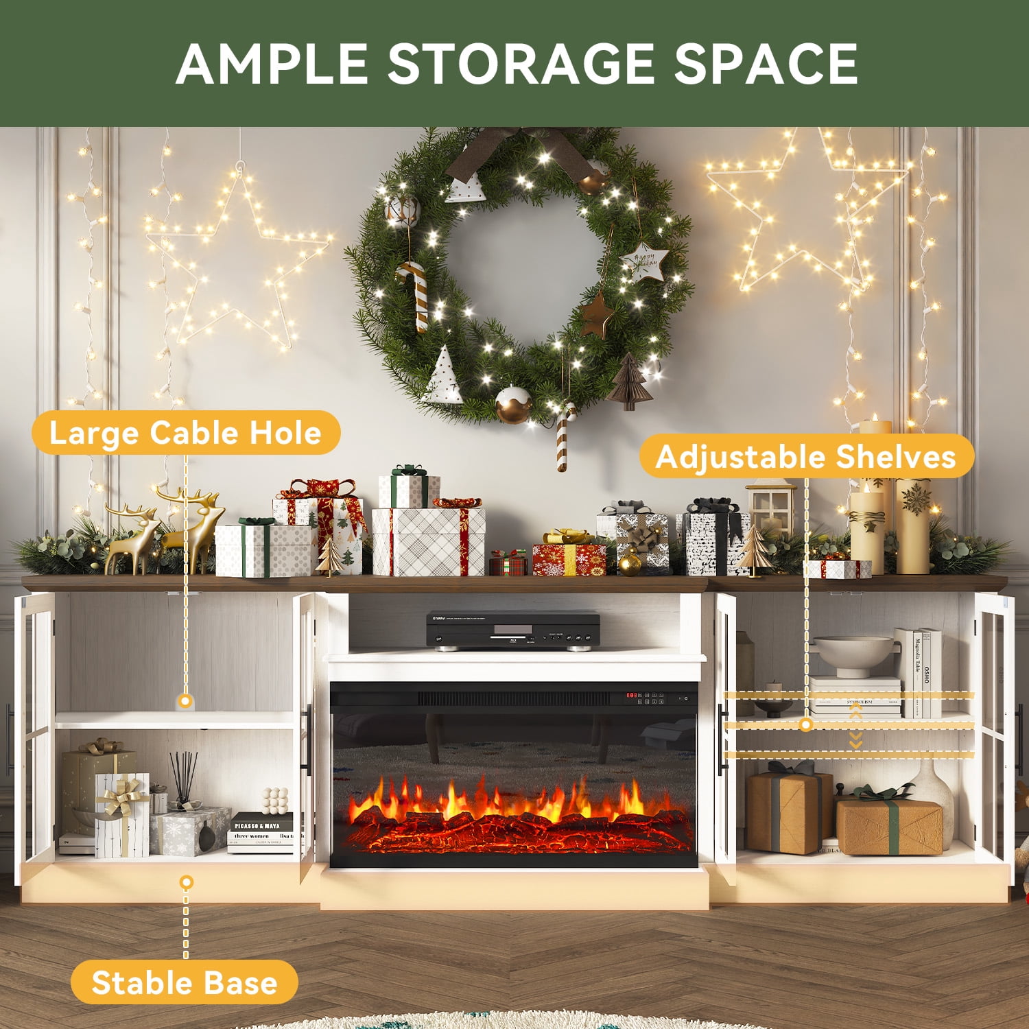 BaPiPro 98" Farmhouse TV Stand with 36" Electric Fireplace, Large Media Entertainment Center for TVs up to 100", Fireplace TV Stand with Storage Cabinets for Living Room, White