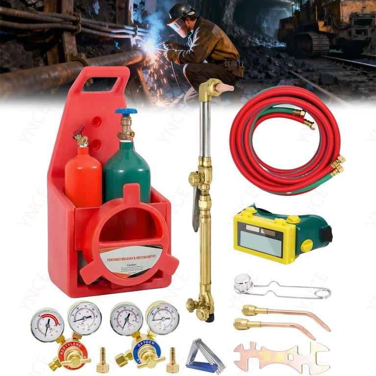 Ynce Oxyacetylene Torch Kit with Brass Nozzle Complete Gas Welding Cutting Kit with Oxygen & Acetylene Tanks Pressure Gauge for Professional Use