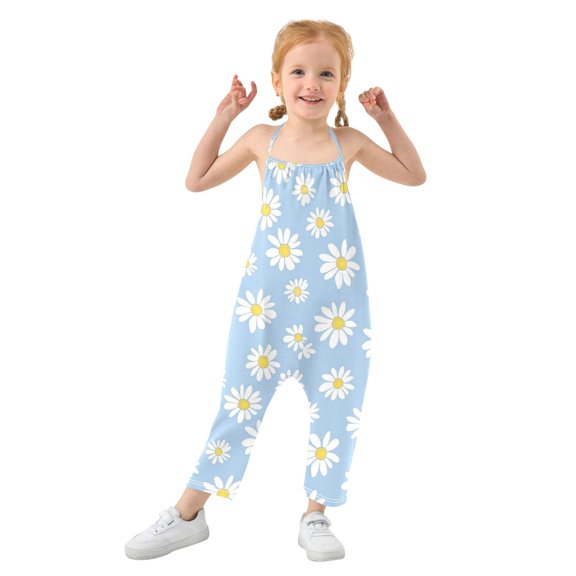 Girls' Jumpsuits Rompers Summer Casual Sleeveless Rompers With Pockets Spaghetti Strap Romper White Daisies Pattern 1T