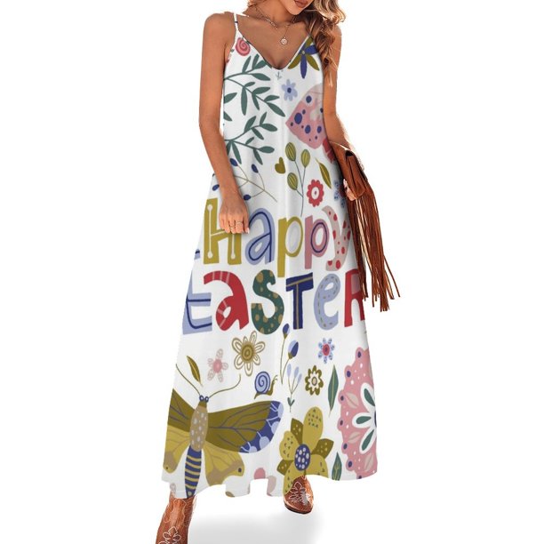 Vestido sin mangas con estampado floral de feliz Pascua Vestido largo para mujer Ropa femenina Vestido femenino