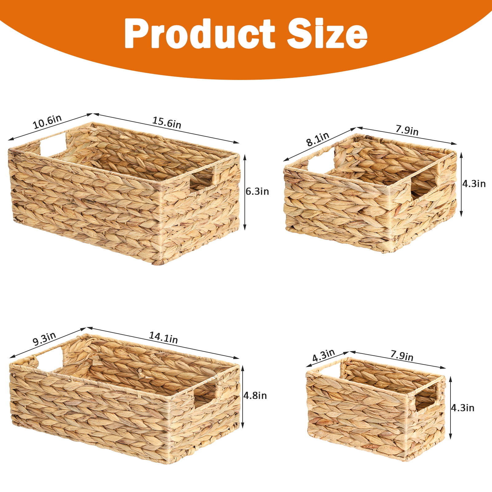 Natural Woven Storage Baskets - 4-Piece Set - For Fruits & Vegetables - Kitchen, Pantry, Countertop, Refrigerator Organization - Eco-Friendly Gourd Grass