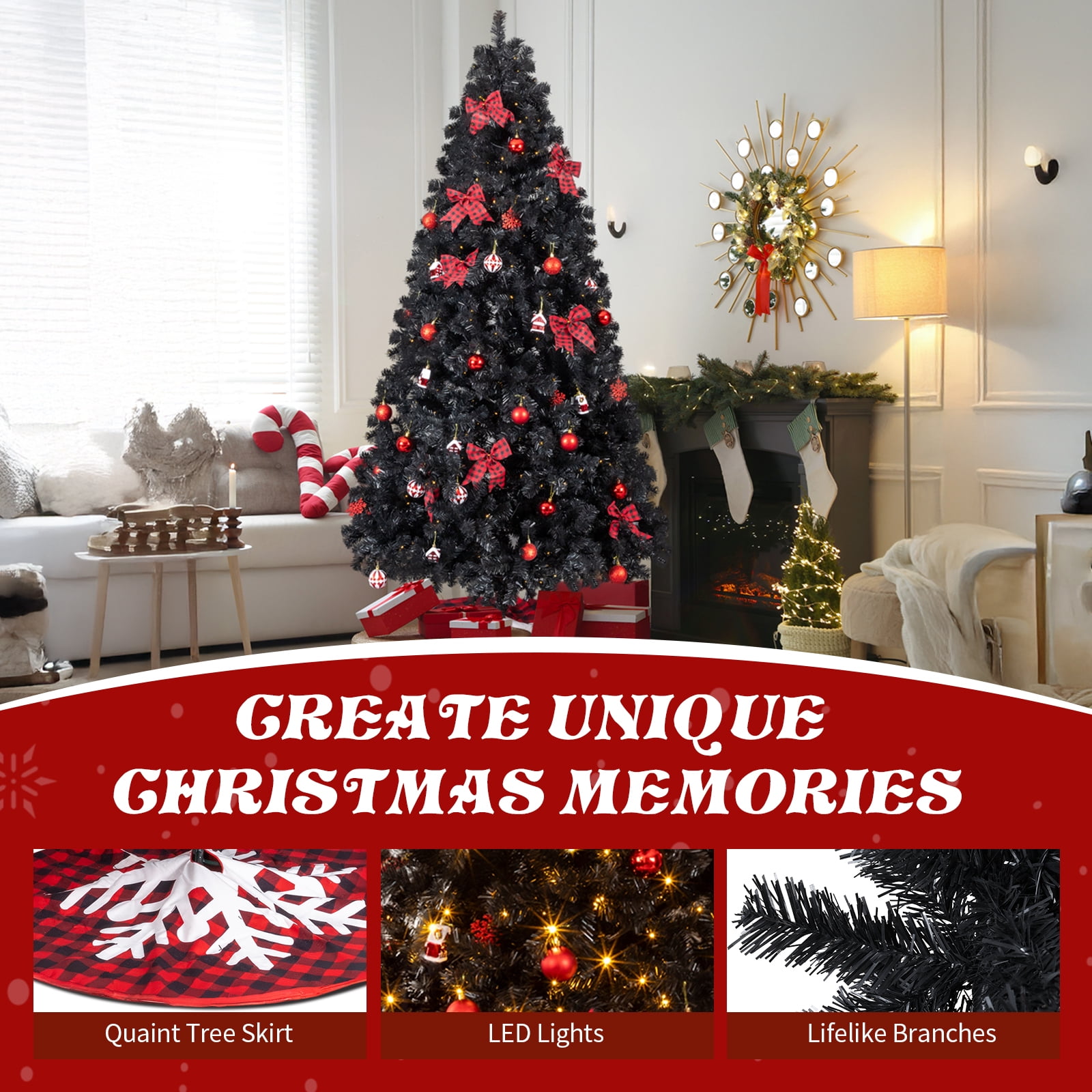 Astoutdoor 7.5 ft Black Artificial Christmas Tree with 350 Warm White LED Lights, Hinged Pine Tree, Tree Skirt and Red Ornaments