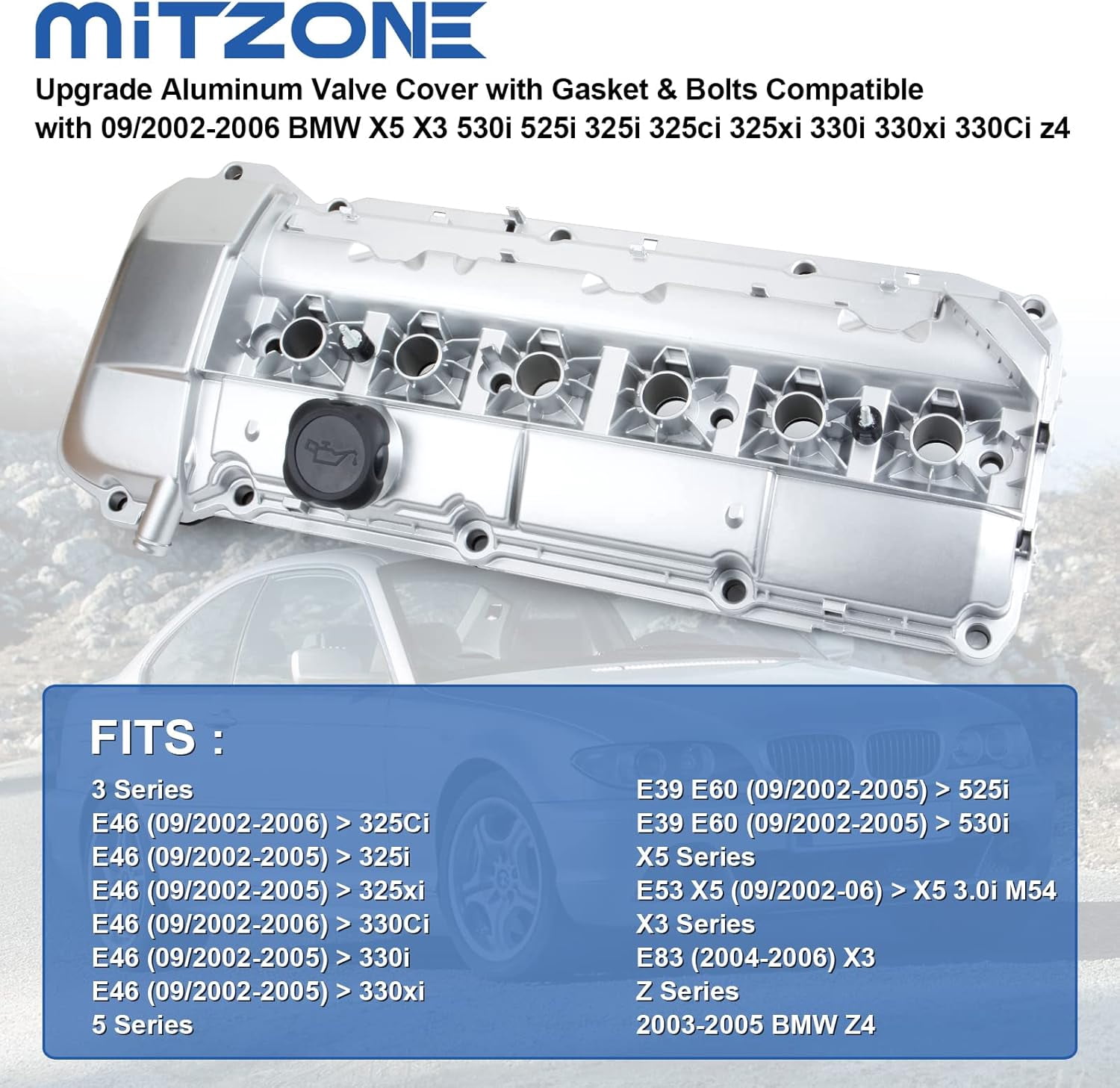 MITZONE Upgrade Aluminum Valve Cover kit Compatible with 2002-2006 BMW X5 X3 530i 525i 325i 325ci 325xi 330i 330xi 330Ci z4 Replace 11127512839
