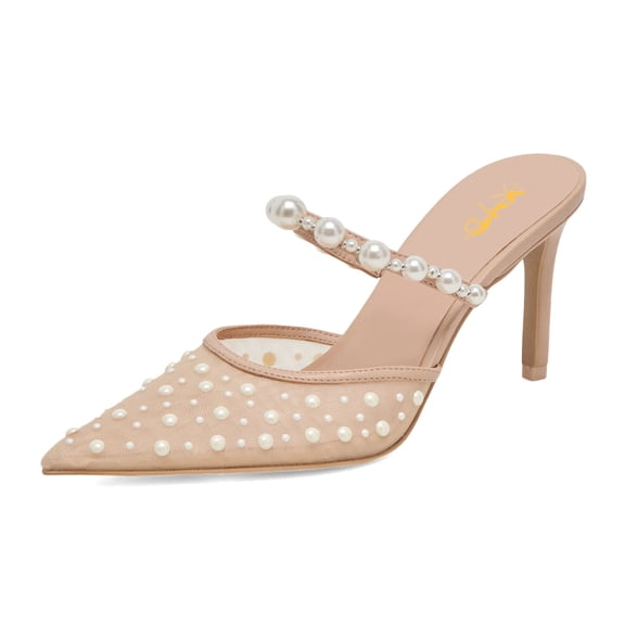 XYD Women Elegant Pearl Stiletto Heels Mules Mesh Pointed Closed Toe Sandals Slip On Backless Wedding Shoes Size 7 Blush