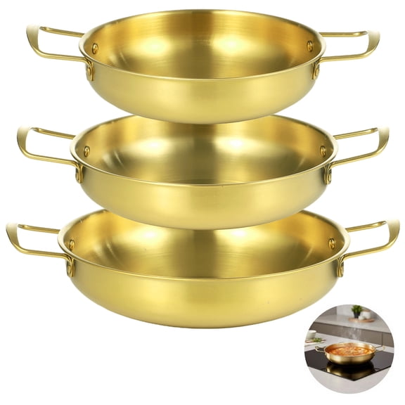 3 Pieces Gold Korean Ramen Pots Set, Long-Lasting Stainless Steel Cooking Pan, Flat Bottom Hot Pot with Dual Ear Handles, Universal Stove Top