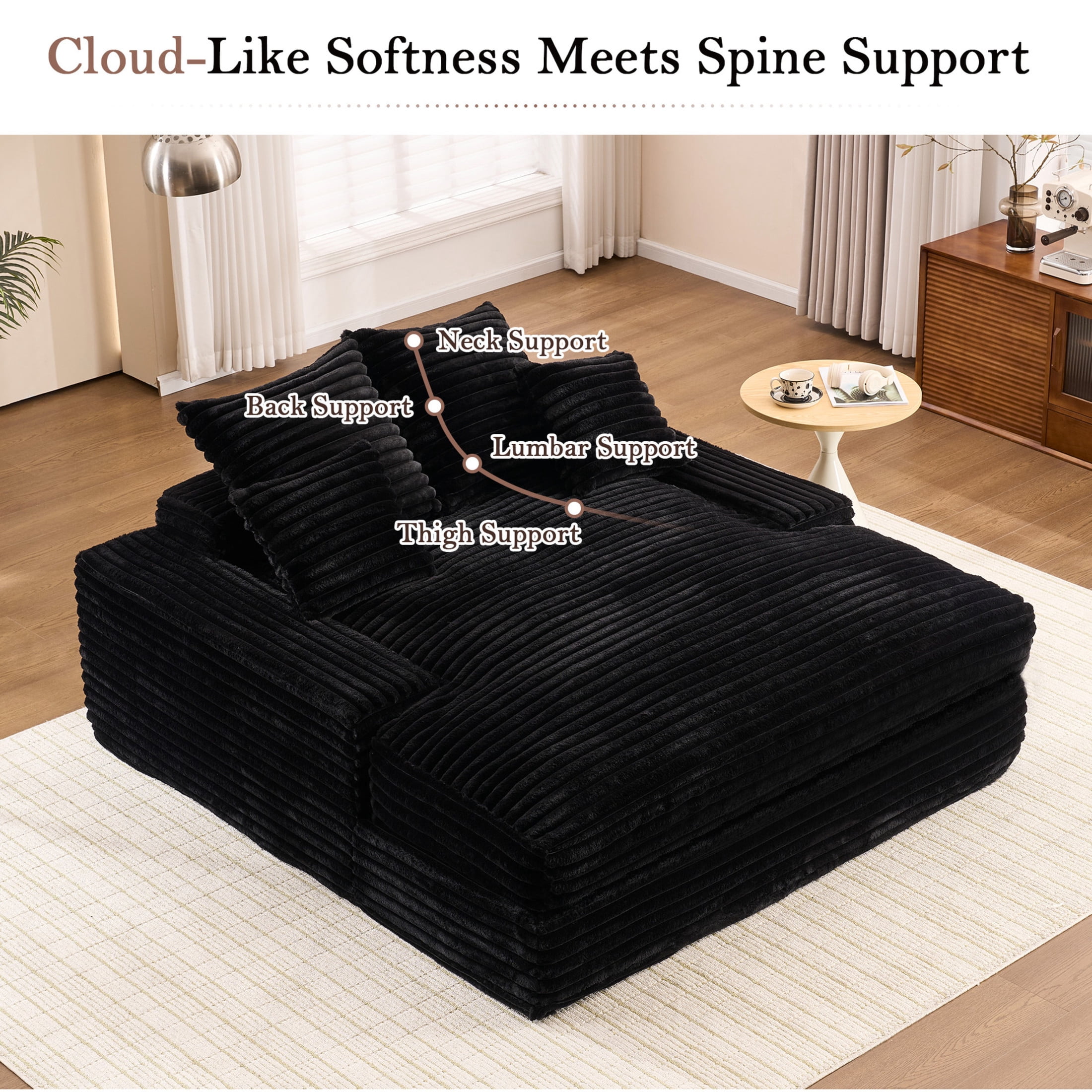 Noble House Heliox 68" Oversized Chaise Lounge Chair, Plush Corduroy Sleeper Sofa Bed with Removable Pillows, Black