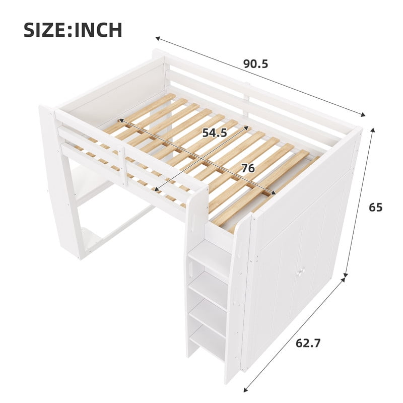 Full Size Wooden Loft Bed with Built-in Desk & Charging Station, Kids Storage Bed Frame with LED Light & Double Door Wardrobe