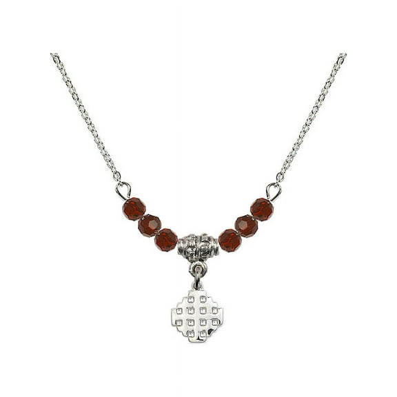 18-Inch Rhodium Plated Necklace with 4mm Red January Birth Month Stone Beads and Jerusalem Cross Charm