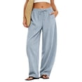 thumbnail image 6 of Petite Linen Pants for Women Striped Casual Comfy Elastic Waist Linen Drawstring Pants Y2k Baggy Flowy Lightweight Work Trousers Gray M, 6 of 6
