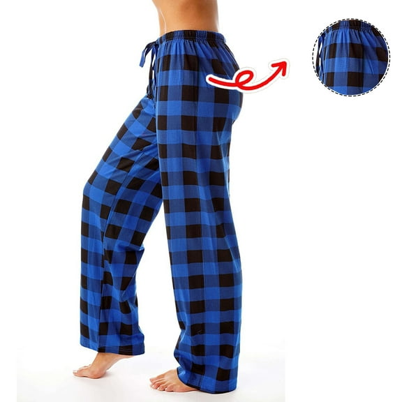 YDDIAN Pajamas for Women Cotton Soft Plaid Oversized Christmas Pajama Bottoms Drawstring Flannel Fall Fashion Y2k Pajamas with Pockets Blue L