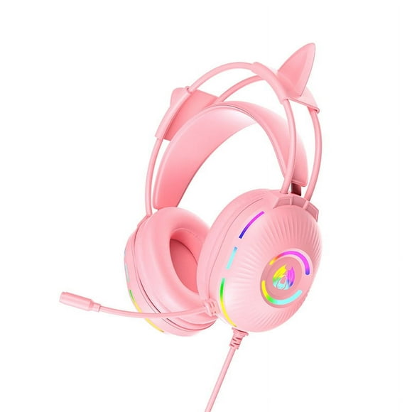 Pink Gaming Headset with Cute Cat Ear Design, 50mm Drivers for 7.1 Surround Sound, Noise-Canceling Mic, RGB Lighting & Heavy Bass – USB/3.5mm Wired Over-Ear Headphones for PC, PS4/5, Xbox,