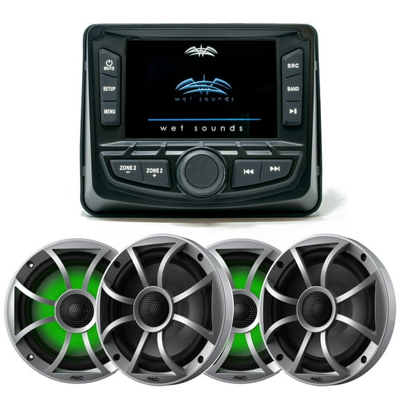 Wet Sounds WS-MC-2 Marine Radio with 2 Pairs Wet Sounds RECON 6-S RGB LED 6.5" 60-Watt RMS Coaxial Speakers With Silver XS Grilles (Pair)