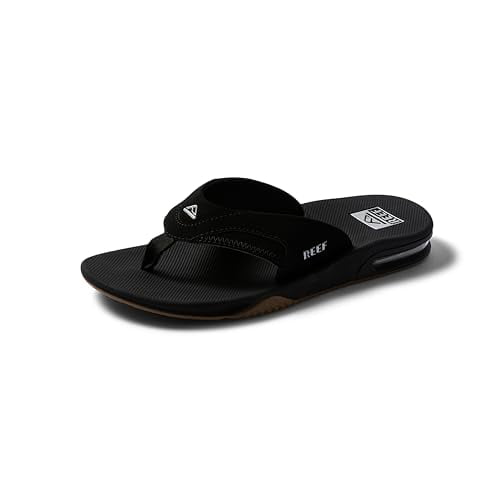 REEF Fanning Men's Bottle Opener Flip Flop, Arch Support, Durable Outsole, Water Friendly, Black/Silver, 11