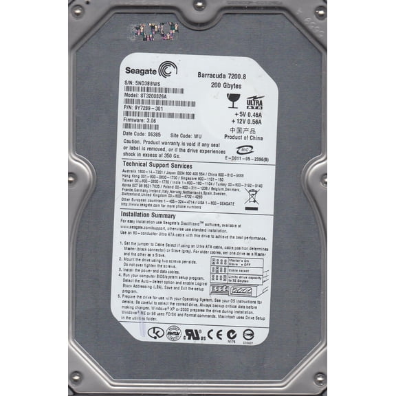 ST3200826A, 5ND, WU, PN 9Y7289-301, FW 3.06, Seagate 200GB IDE 3.5 Hard Drive
