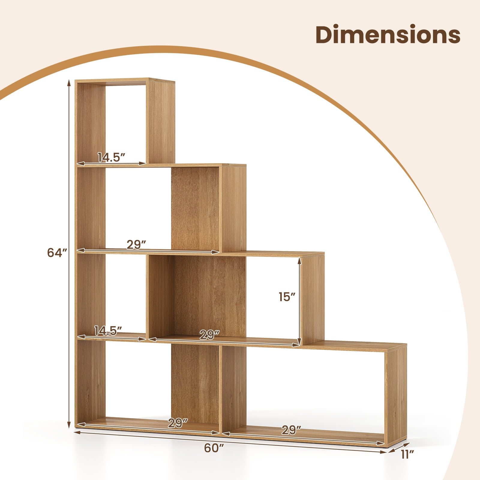 Giantex 4-Tier Stepped Bookshelf, Freestanding Ladder Storage Shelf w/ 6 Cubes, Modern Display Rack, Natural