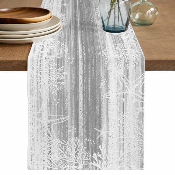 Grey Coastal Table Runner 72 Inches, Summer Ocean Sea Ombre Starfish Corals Bed Runner Dresser Scarves Tabletop for Indoor Outdoor Parties/Ceremony/Banquet, 13" x 72"