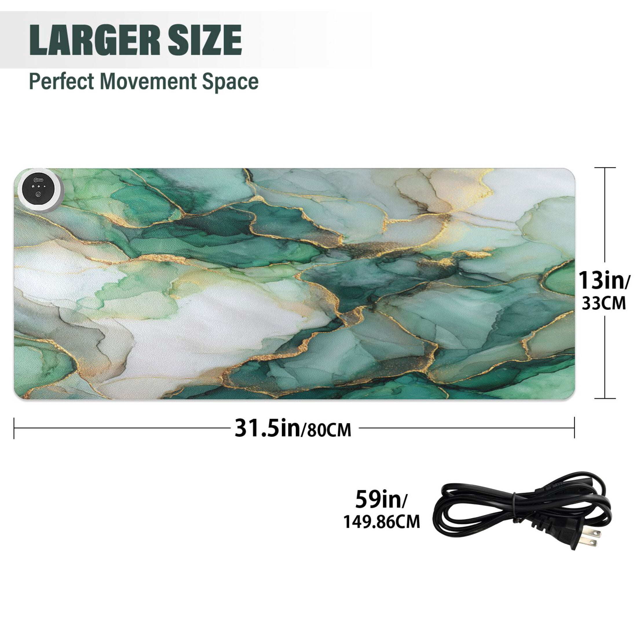 Large Heated Desk Mat Mouse Pad 31.5"x13"PU Leather Graphene Heating Desk Warmer with 3 Temperature Settings 110V US Plug Non-Slip Warm Pad for Home, Office, and Gaming Golden Green Marble Crack