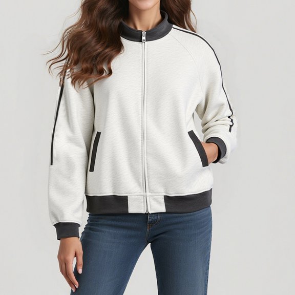 ZHOGXU Women's Coat With Pocket Long Sleeve Stand Collar Color Block Zipper Comfortable Stylish Jacket For Casual Daily Wear White M